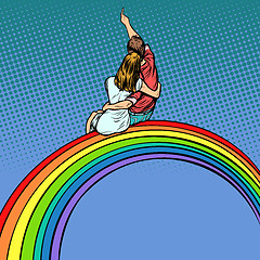 Image showing loving couple man and woman sitting on a rainbow, romantic date