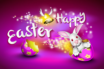 Image showing Happy Easter greeting card, a funny rabbit driving an egg shell