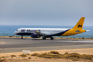 Image showing ARECIFE, SPAIN - APRIL, 16 2017: AirBus A321 of Monarch Airlines