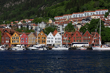 Image showing BERGEN HARBOR, NORWAY - MAY 27, 2017: Private boats on a row alo