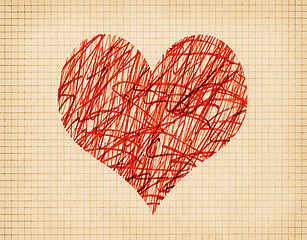 Image showing Abstract red heart with messy pattern on old school cell paper