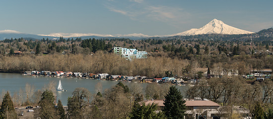 Image showing Boats on Willamette River Below Mount Hood Oregon North America