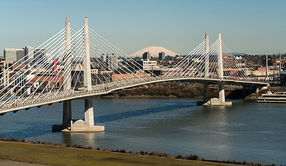 Image showing People Move Across Portland Bridge Willamette River Mount St Hel