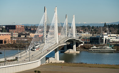 Image showing People Move Across Portland Bridge Willamette River Cascade Moun