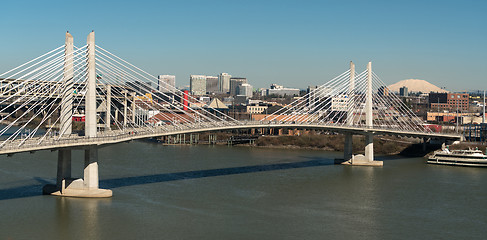 Image showing People Move Across Portland Bridge Willamette River Mount St Hel