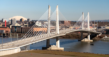 Image showing People Move Across Portland Bridge Willamette River Mount St Hel