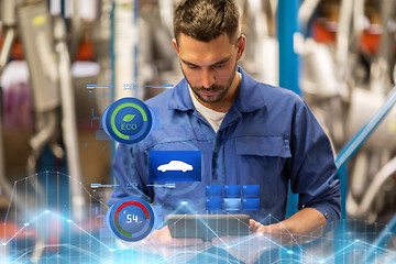 Image showing auto mechanic or smith with tablet pc at workshop