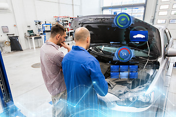 Image showing auto mechanic and man or car owner at workshop