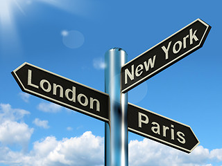 Image showing London Paris New York Signpost Showing Travel Tourism And Destin