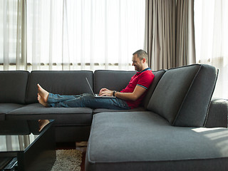 Image showing Man using laptop in living room