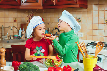 Image showing happy family funny kids are preparing the a fresh vegetable salad in the kitchen