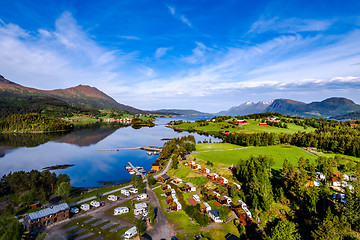 Image showing Beautiful Nature Norway Aerial view of the campsite to relax.