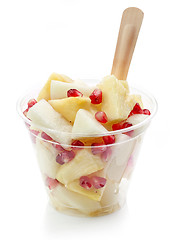 Image showing fresh fruit pieces salad in plastic cup