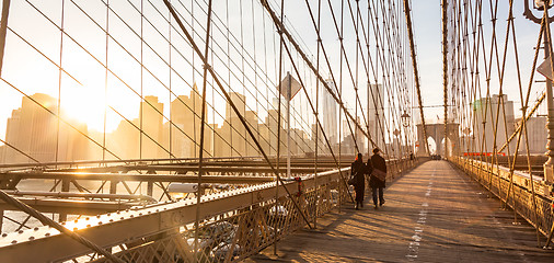 Image showing Brooklyn bridge at sunset, New York City.