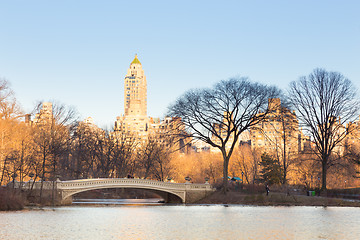 Image showing New York City Manhattan Central Park panorama of The lake with Bow bridge.