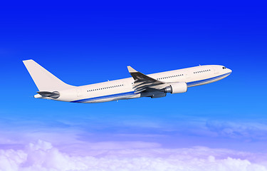 Image showing white passenger aircraft in blue sky 