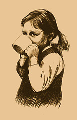 Image showing little girl drinks milk