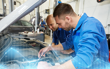 Image showing mechanic men with wrench repairing car at workshop