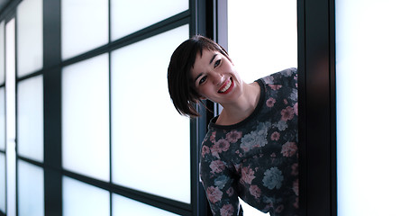 Image showing Business woman having fun in office building