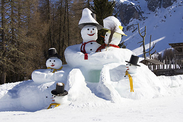 Image showing The big snowmens at the Sexten ski resort in Italy