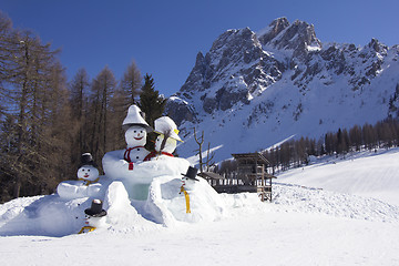 Image showing Two big snowmen at the Sexten ski resort in Italy