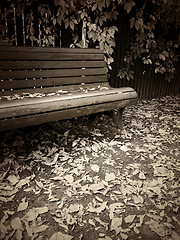 Image showing Vintage style sepia toned image of bench in autumn park