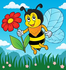 Image showing Happy bee holding flower theme 3