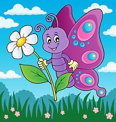 Image showing Happy butterfly holding flower theme 3