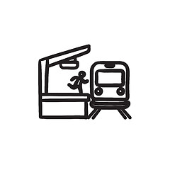 Image showing Man runs along train station platform sketch icon.