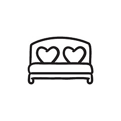Image showing Heart shaped pillows on bed sketch icon.