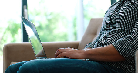 Image showing Man using laptop in living room