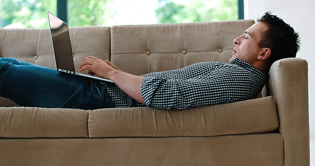 Image showing Man using laptop in living room