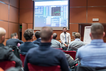 Image showing Skiled Public Speaker Giving a Talk at Business Meeting.