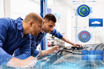 Image showing mechanic men with wrench repairing car at workshop