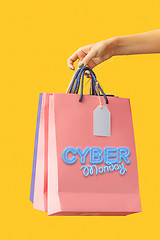 Image showing Female hand holding bright shopping bags
