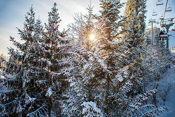 Image showing Skiers on the ski lift riding up at ski resort with beautiful background of snow-covered slopes, forests, hills in Bukovel, Ukraine