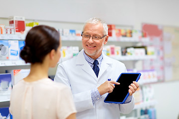 Image showing apothecary and customer with tablet pc at pharmacy