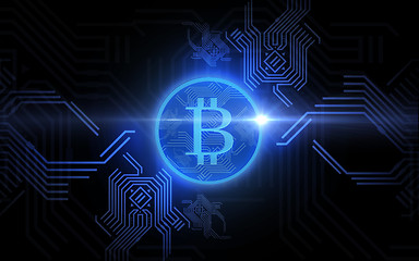 Image showing blue bitcoin projection over black background