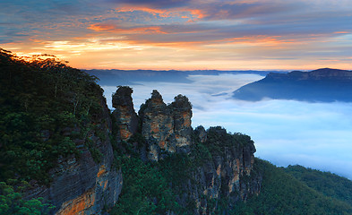 Image showing Scenic sunrise Three Sisters Echo Point Blue Mountains Australia