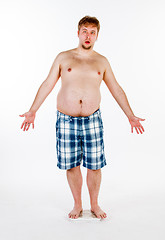 Image showing Overweight, fat man and scales.