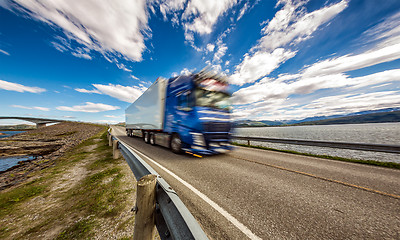 Image showing Truck rushes down the highway in the background Atlantic Ocean R