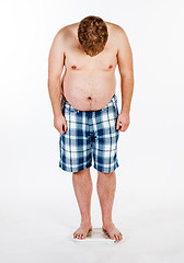 Image showing Overweight, fat man and scales.