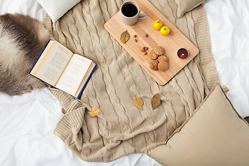 Image showing cookies, lemon tea, book and leaves in bed