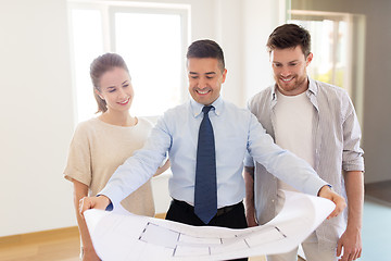 Image showing realtor showing blueprint of new home to couple