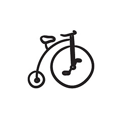 Image showing Old bicycle with big wheel sketch icon.