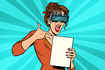 Image showing promoter woman in glasses virtual reality advertises