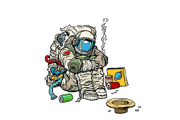 Image showing Crowdfunding concept. A poor homeless astronaut asks for money