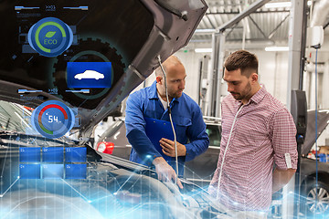 Image showing auto mechanic with clipboard and man at car shop