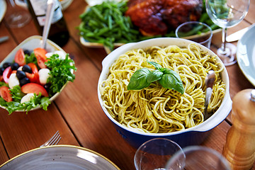 Image showing pasta with basil in bowl and other food on table