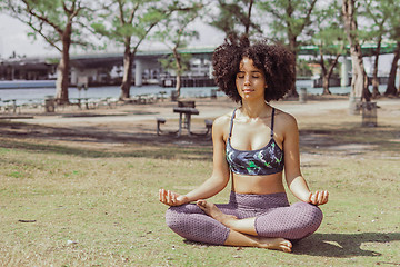 Image showing Content woman meditating in sunlight in park